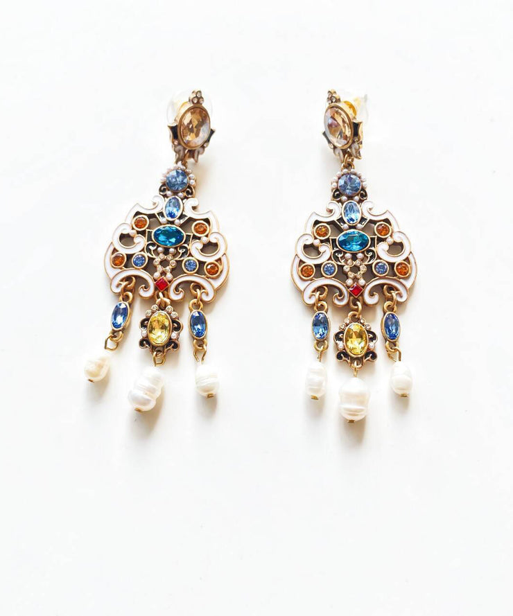 Retro Gold Sterling Silver Overgild Pearl Enamel Tassel Drop Earrings