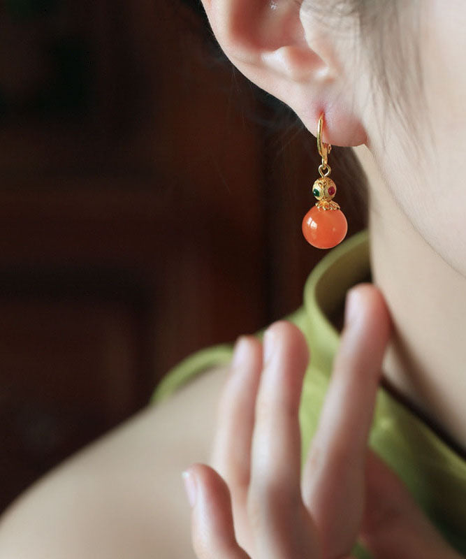 Retro Gold Sterling Silver Overgild Zircon Agate Calabash Drop Earrings