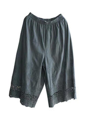 Retro Grayish Blue Hollow Out Embroideried Wide Leg Crop Pants Summer