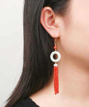 Retro Green 14K Gold Jade Tassel Circle Drop Earrings