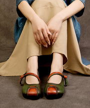 Retro Green Cowhide Leather Splicing Flat Feet Shoes Buckle Strap