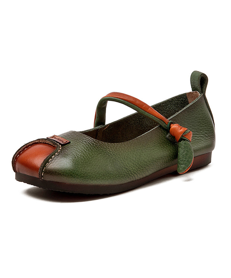 Retro Green Cowhide Leather Splicing Flat Feet Shoes Buckle Strap