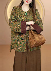 Retro Green O Neck Print Chinese Button Silk Coats Fall