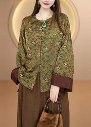 Retro Green O Neck Print Chinese Button Silk Coats Fall
