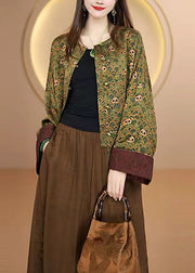 Retro Green O Neck Print Chinese Button Silk Coats Fall