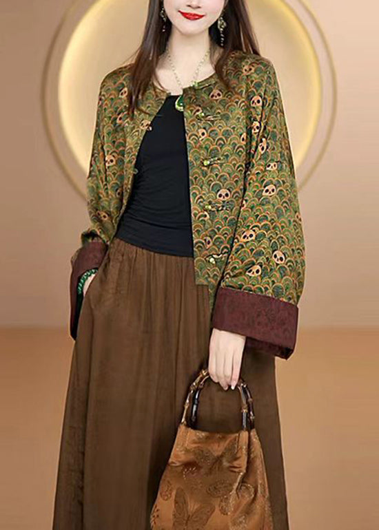 Retro Green O Neck Print Chinese Button Silk Coats Fall