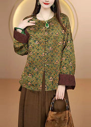 Retro Green O Neck Print Chinese Button Silk Coats Fall