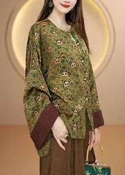 Retro Green O Neck Print Chinese Button Silk Coats Fall