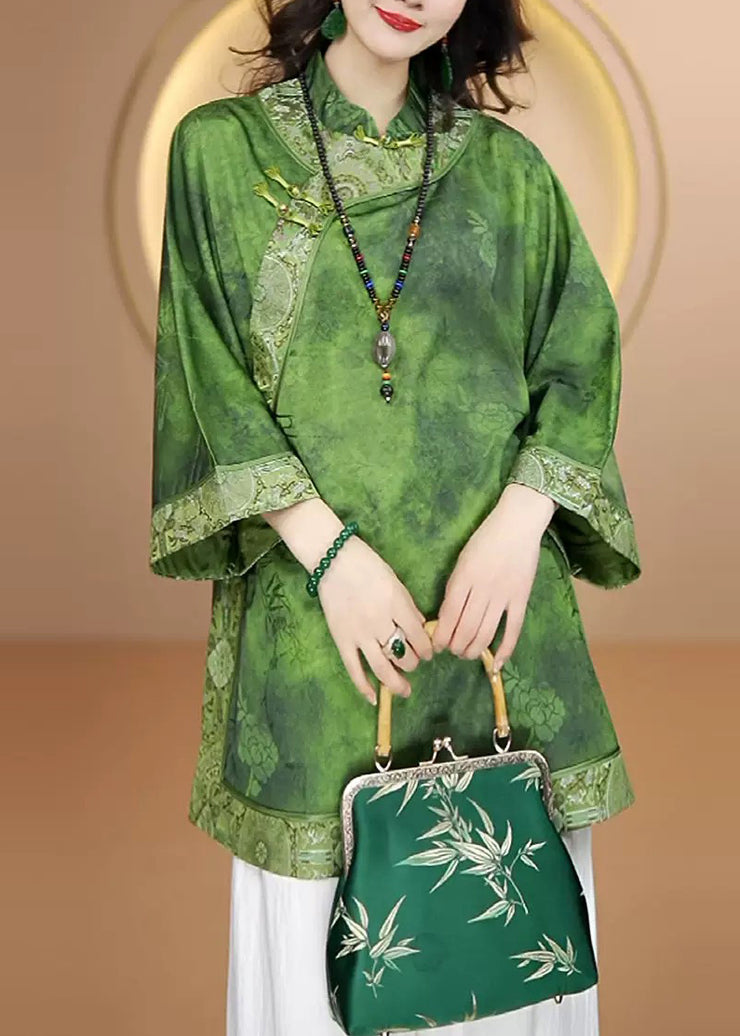 Retro Green Stand Collar Print Oriental Button Silk Shirt Top Fall
