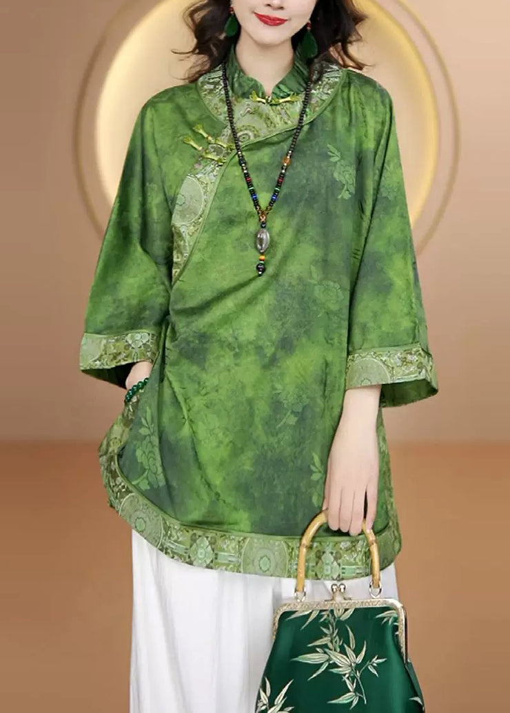 Retro Green Stand Collar Print Oriental Button Silk Shirt Top Fall