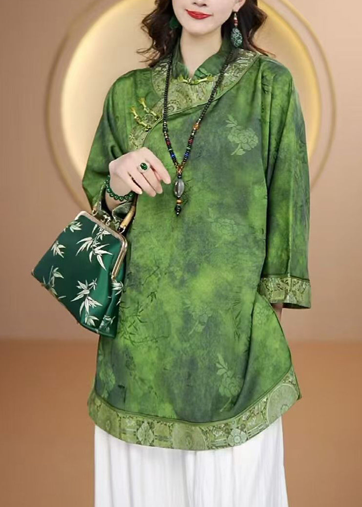 Retro Green Stand Collar Print Oriental Button Silk Shirt Top Fall