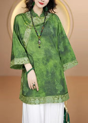 Retro Green Stand Collar Print Oriental Button Silk Shirt Top Fall