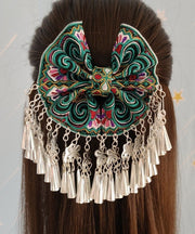 Retro Green Sterling Silver Embroidery Tassel Hairpin