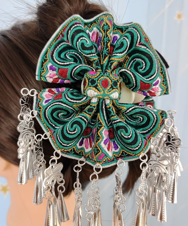 Retro Green Sterling Silver Embroidery Tassel Hairpin