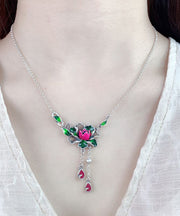 Retro Green Sterling Silver Lotus Tassel Pendant Necklace