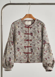 Retro Grey Oversized Print Cotton Oriental Jacket Fall