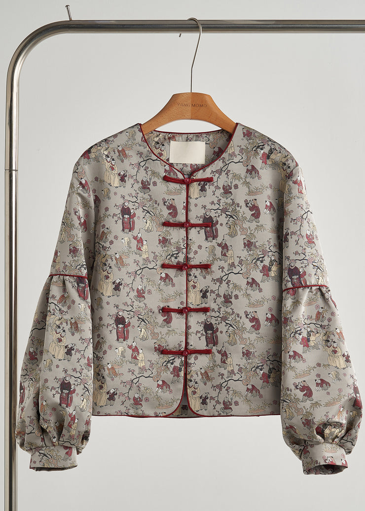 Retro Grey Oversized Print Cotton Oriental Jacket Fall