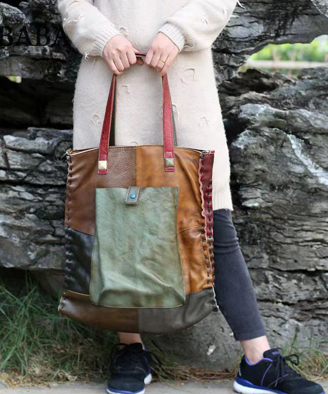 Retro Handmade Contrasting Color Large Capacity Cowhide Single Satchel Bag Handbag