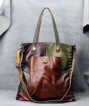 Retro Handmade Contrasting Color Large Capacity Cowhide Single Satchel Bag Handbag