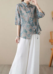 Retro Ick Green Peter Pan Collar Print Patchwork Cotton Shirts Summer