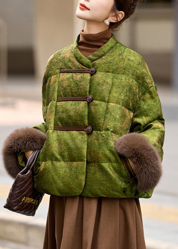 Retro Khaki Chinese Button Patchwork Fox Fur Duck Down Winter Coats