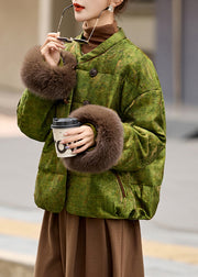 Retro Khaki Chinese Button Patchwork Fox Fur Duck Down Winter Coats
