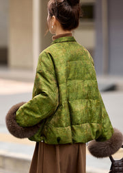Retro Khaki Chinese Button Patchwork Fox Fur Duck Down Winter Coats
