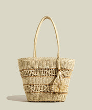 Retro Khaki Tasseled Hollow Out Straw Woven Shoulder Bags