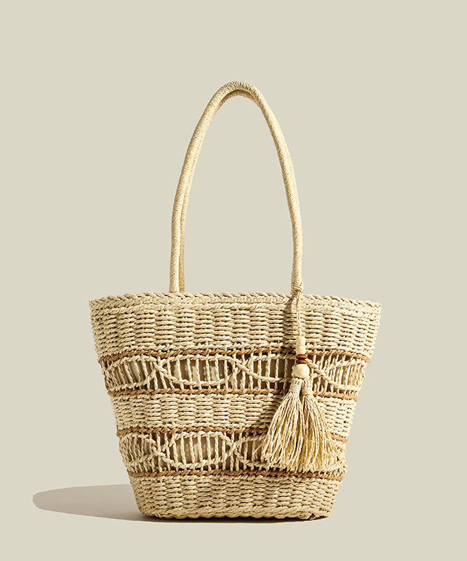 Retro Khaki Tasseled Hollow Out Straw Woven Shoulder Bags