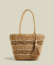 Retro Khaki Tasseled Hollow Out Straw Woven Shoulder Bags