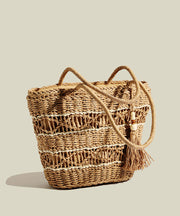 Retro Khaki Tasseled Hollow Out Straw Woven Shoulder Bags