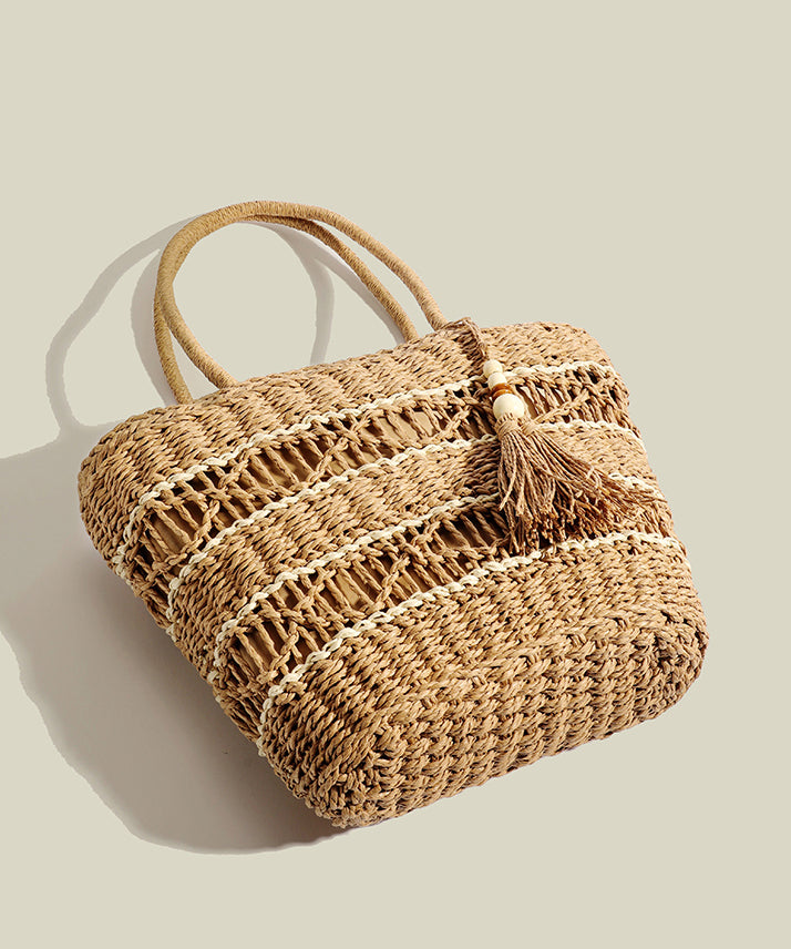 Retro Khaki Tasseled Hollow Out Straw Woven Shoulder Bags