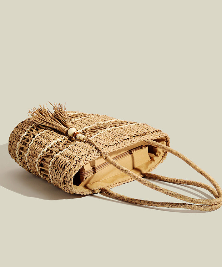 Retro Khaki Tasseled Hollow Out Straw Woven Shoulder Bags