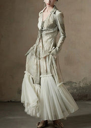 Retro Light Green Peter Pan Collar Tulle Patchwork Shirt And Maxi Skirts Two Piece Set Flare Sleeve