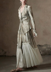 Retro Light Green Peter Pan Collar Tulle Patchwork Shirt And Maxi Skirts Two Piece Set Flare Sleeve