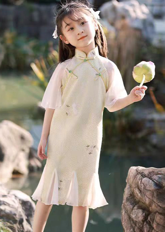 Retro Light Green Print Ruffled Patchwork Kids Long Dress Summer