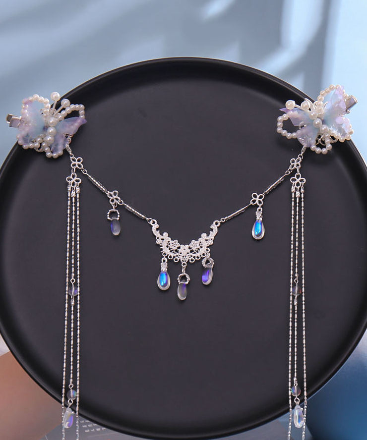 Retro Light Purple Alloy Tulle Butterfly Beading Tassel Hairpin