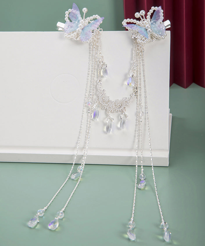 Retro Light Purple Alloy Tulle Butterfly Beading Tassel Hairpin