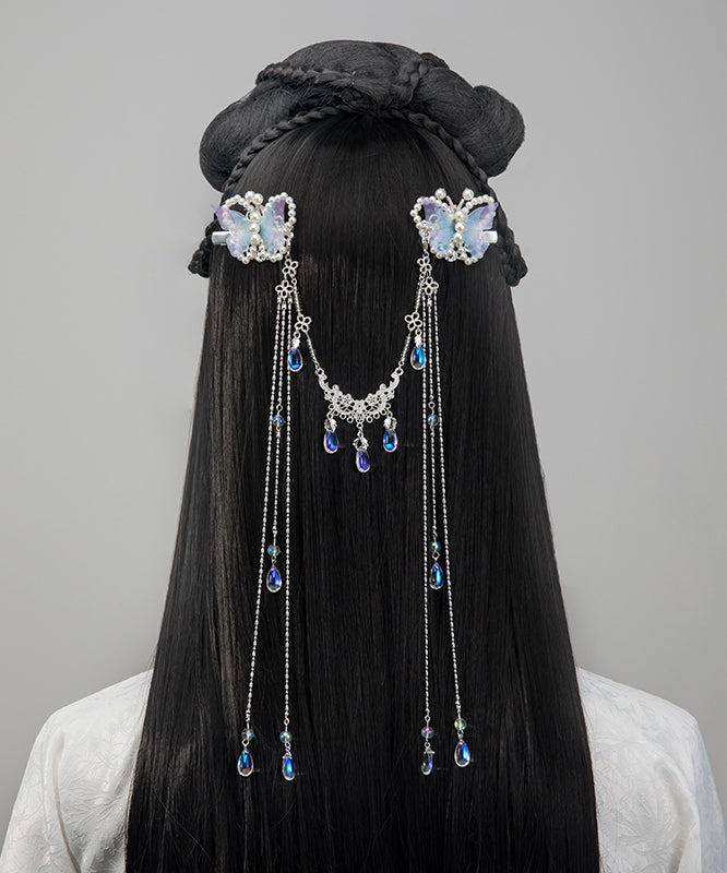 Retro Light Purple Alloy Tulle Butterfly Beading Tassel Hairpin