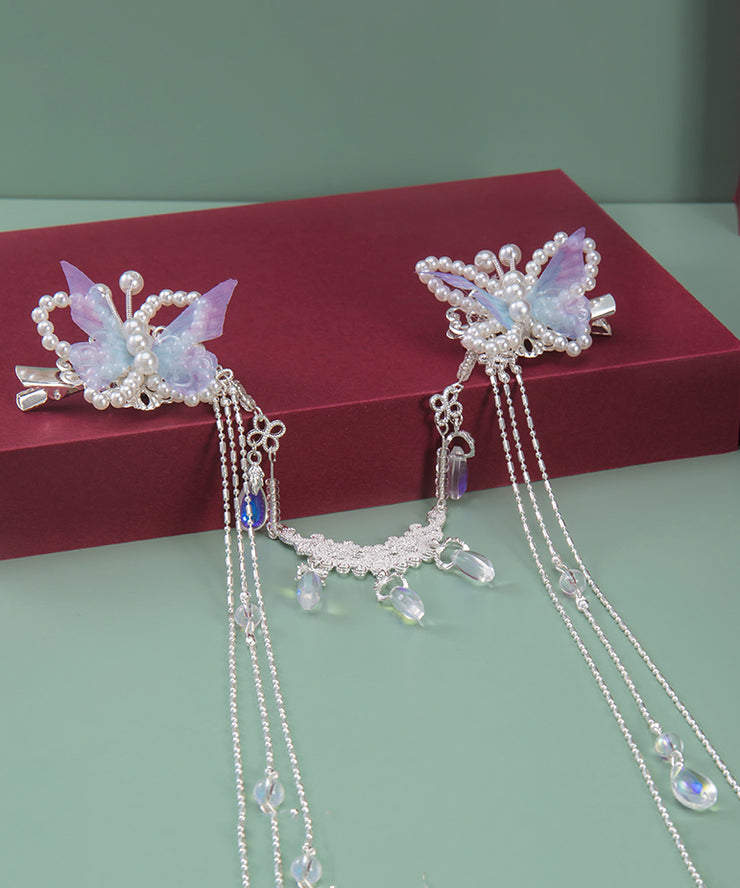 Retro Light Purple Alloy Tulle Butterfly Beading Tassel Hairpin