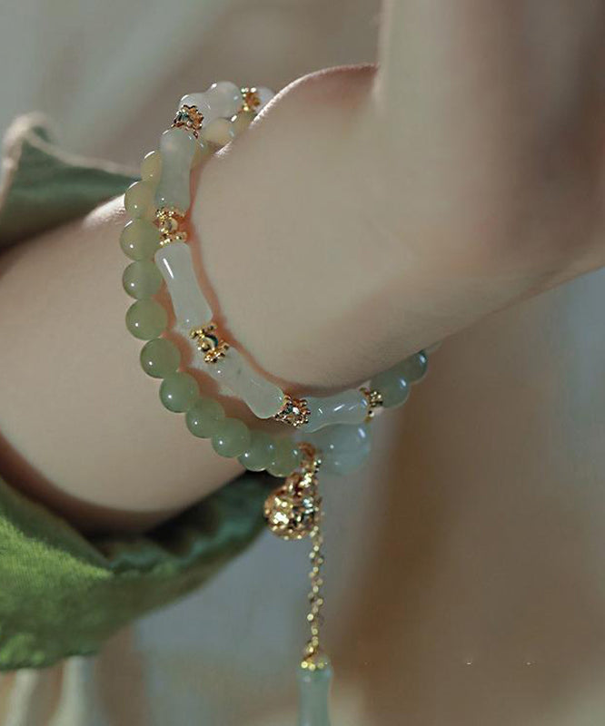 Retro Metal Overgild Pearl Bamboo Joint Patchwork Double-Layer Charm Bracelet
