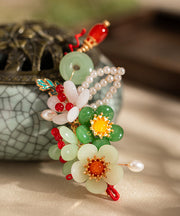 Retro Multicolor Alloy Jade Pearl Floral Tassel Hairpin