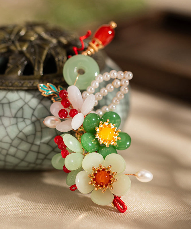 Retro Multicolor Alloy Jade Pearl Floral Tassel Hairpin