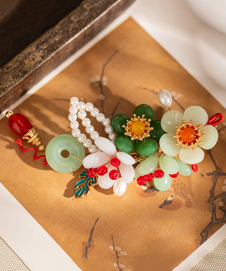 Retro Multicolor Alloy Jade Pearl Floral Tassel Hairpin