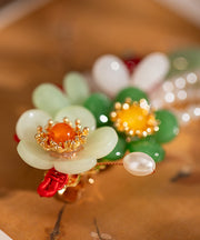 Retro Multicolor Alloy Jade Pearl Floral Tassel Hairpin