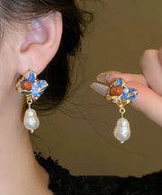 Retro Multicolor Copper Alloy Pearl Floral Drop Earrings