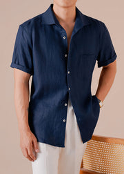 Retro Navy Peter Pan Collar Button Solid Cotton Men Shirts Summer