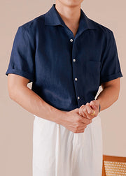 Retro Navy Peter Pan Collar Button Solid Cotton Men Shirts Summer