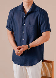 Retro Navy Peter Pan Collar Button Solid Cotton Men Shirts Summer