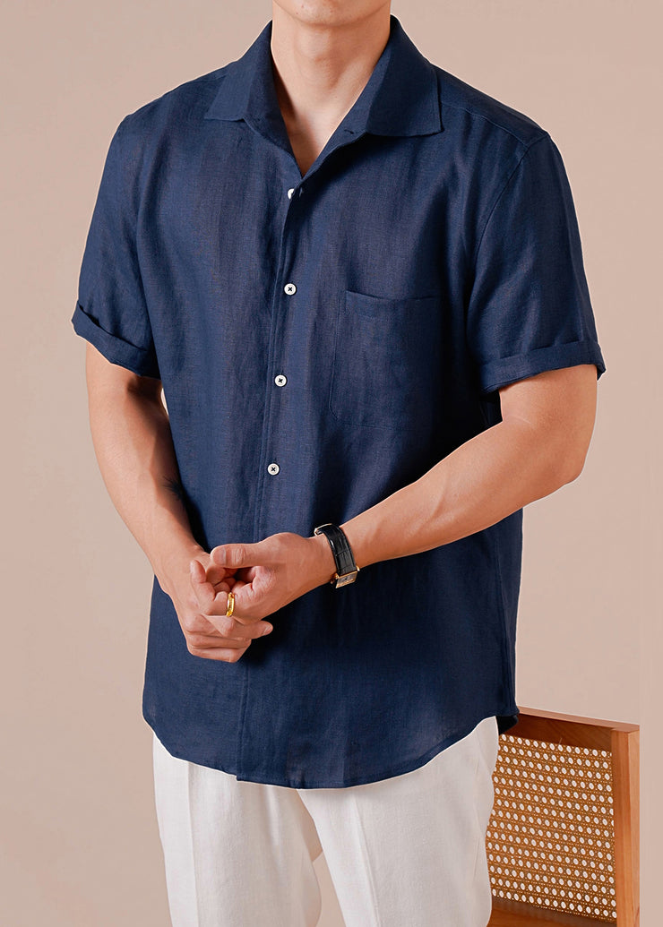 Retro Navy Peter Pan Collar Button Solid Cotton Men Shirts Summer